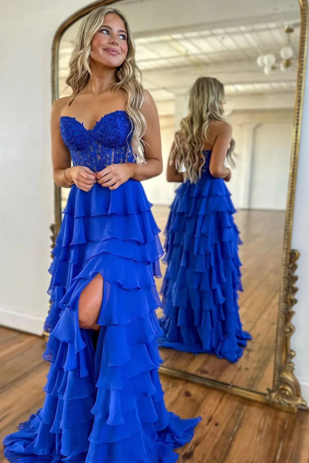 Light Blue Sweetheart Chiffon Tiered Long Corset Prom Dress with Slit