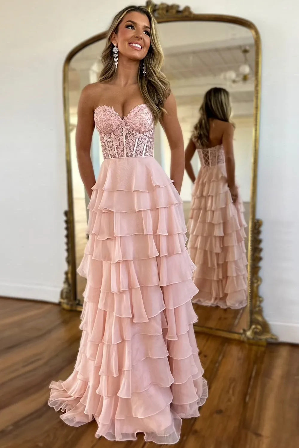 Light Blue Sweetheart Chiffon Tiered Long Corset Prom Dress with Slit