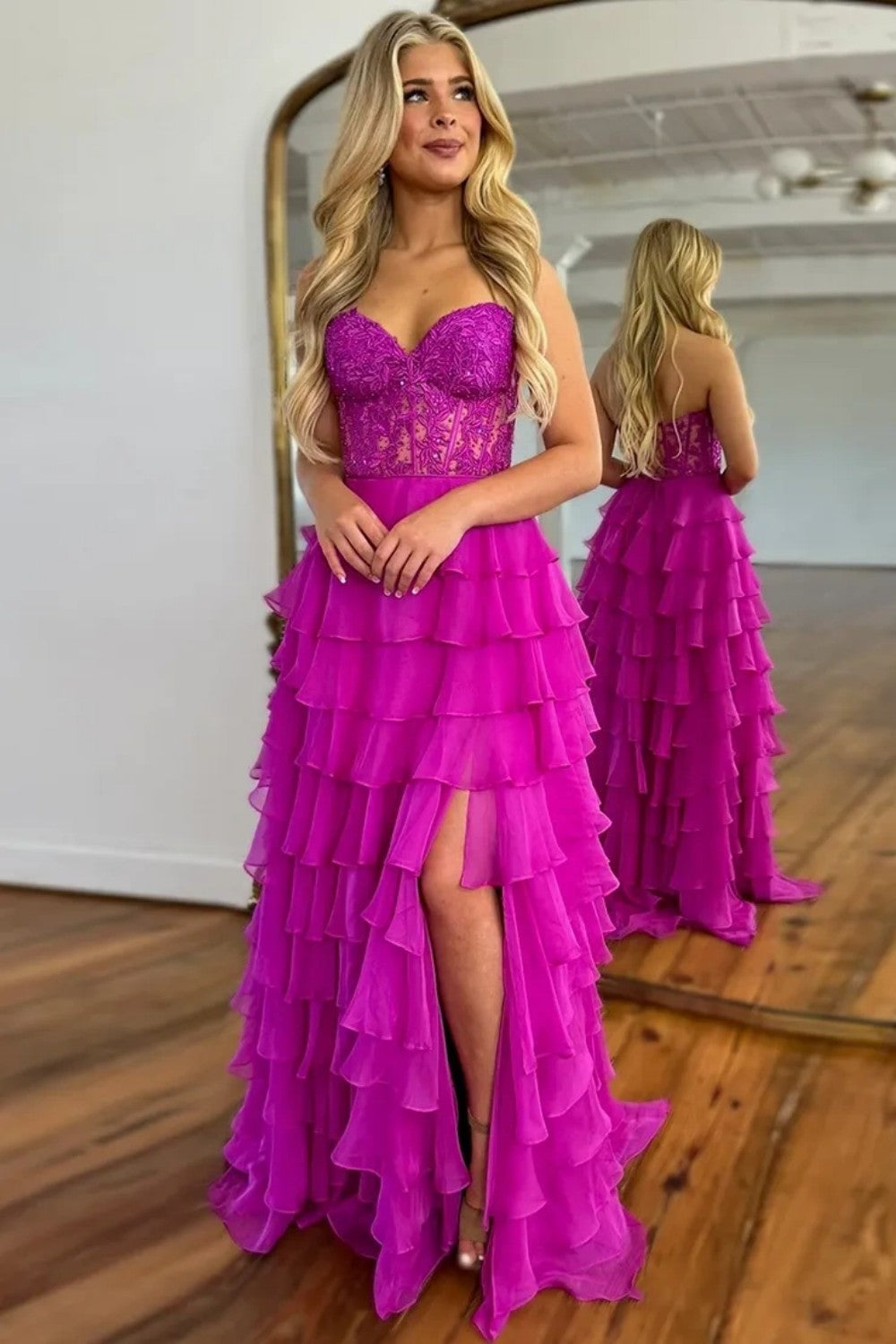 Light Blue Sweetheart Chiffon Tiered Long Corset Prom Dress with Slit