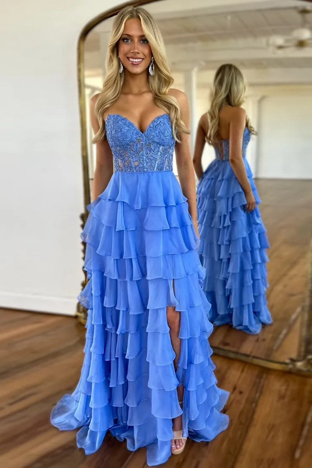 Light Blue Sweetheart Chiffon Tiered Long Corset Prom Dress with Slit