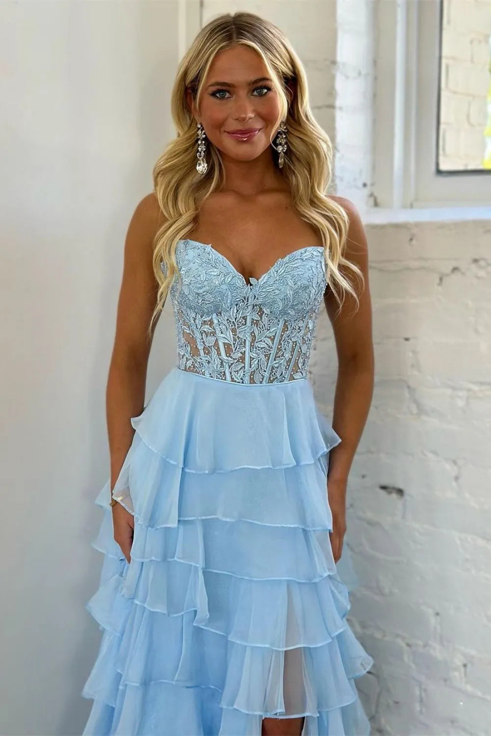 Light Blue Sweetheart Chiffon Tiered Long Corset Prom Dress with Slit