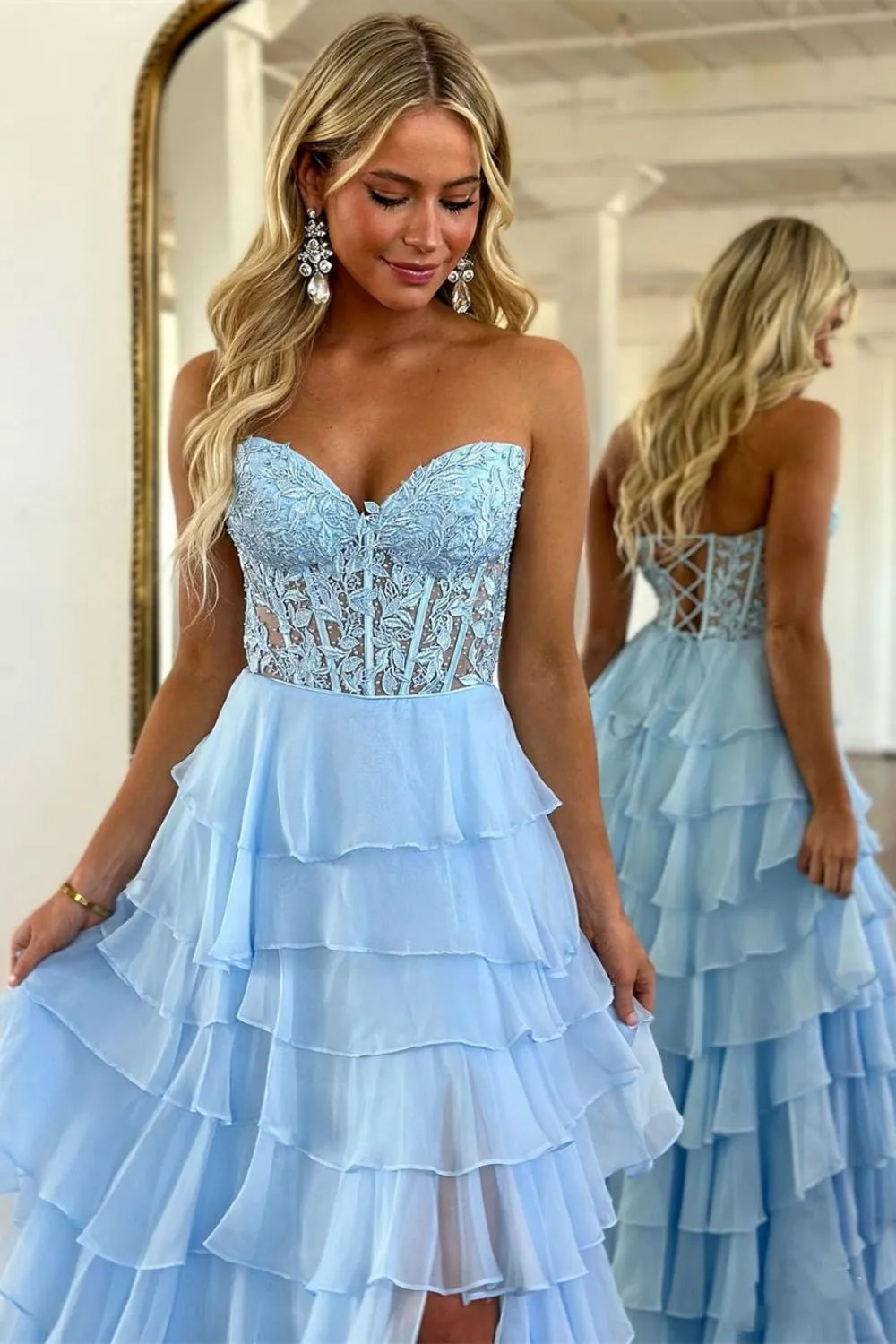 Light Blue Sweetheart Chiffon Tiered Long Corset Prom Dress with Slit