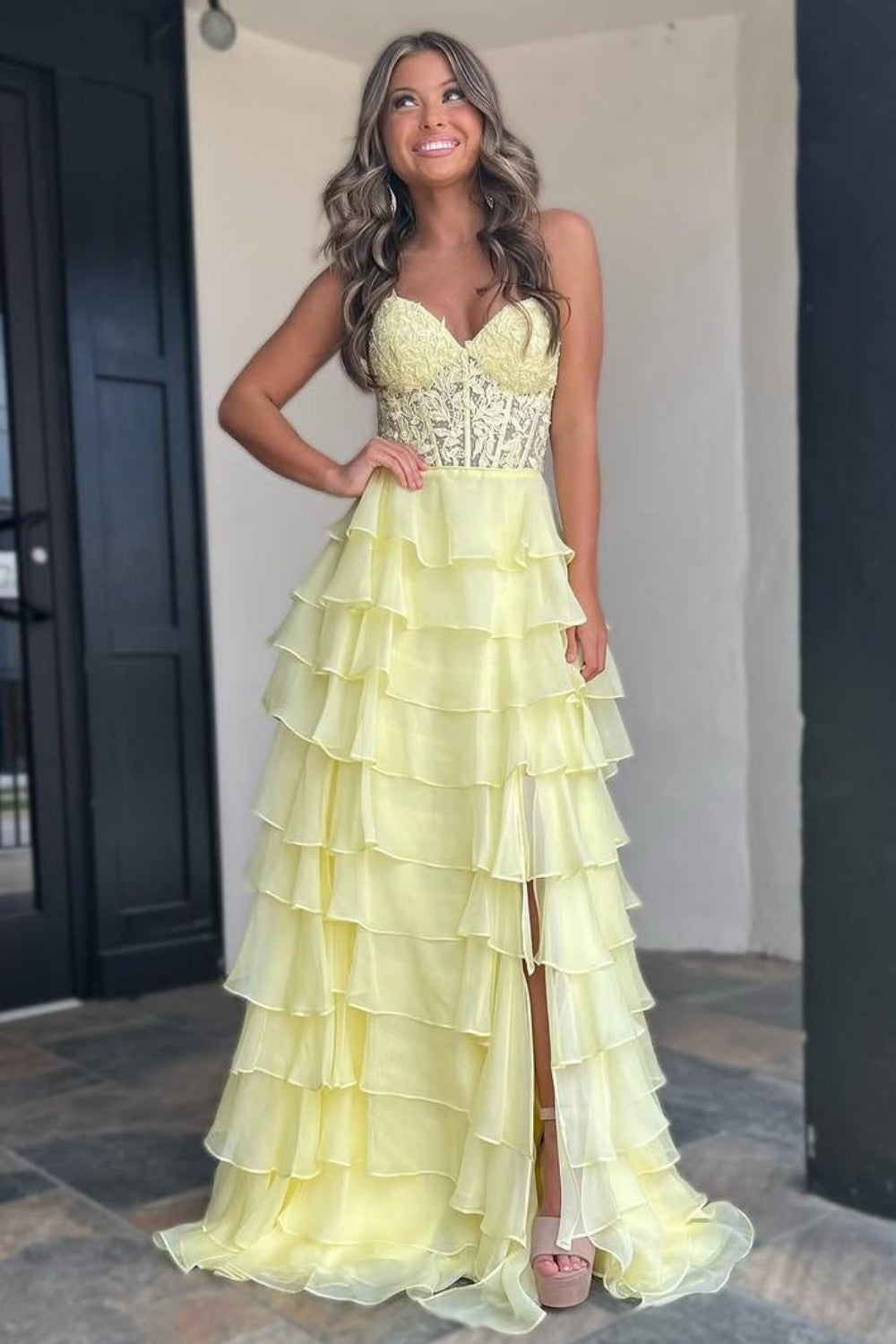 Light Blue Sweetheart Chiffon Tiered Long Corset Prom Dress with Slit