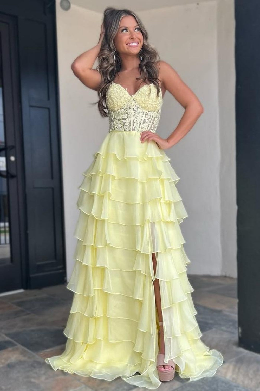 Light Blue Sweetheart Chiffon Tiered Long Corset Prom Dress with Slit