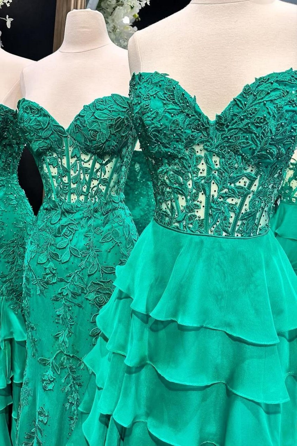 Light Blue Sweetheart Chiffon Tiered Long Corset Prom Dress with Slit