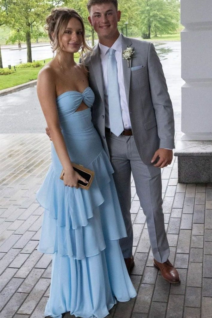 Light Blue Strapless Chiffon Tiered Long Prom Dress with Ruffles