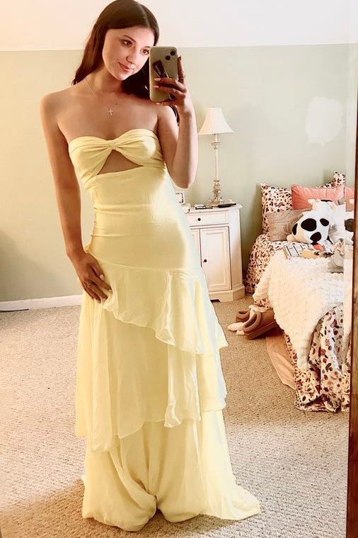 Light Blue Strapless Chiffon Tiered Long Prom Dress with Ruffles
