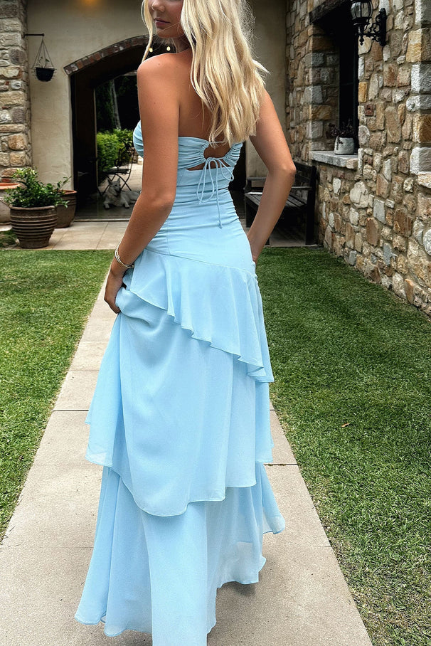 Light Blue Strapless Chiffon Tiered Long Prom Dress with Ruffles