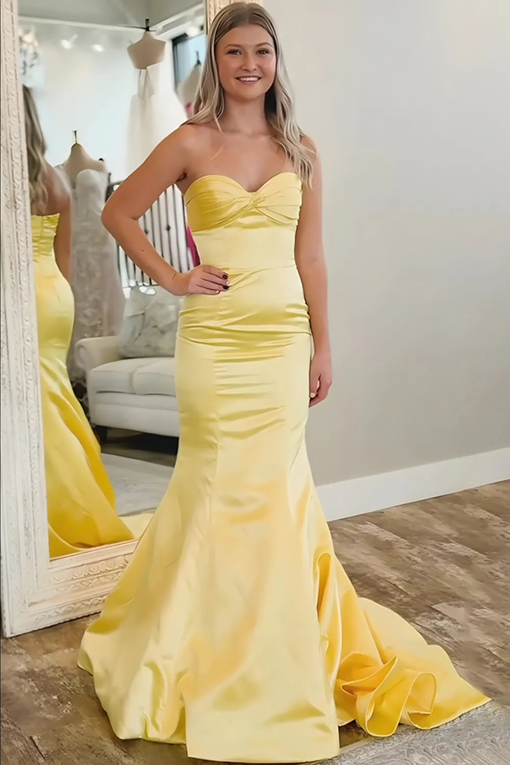 Yellow Sweetheart Satin Mermaid Long Prom Dress