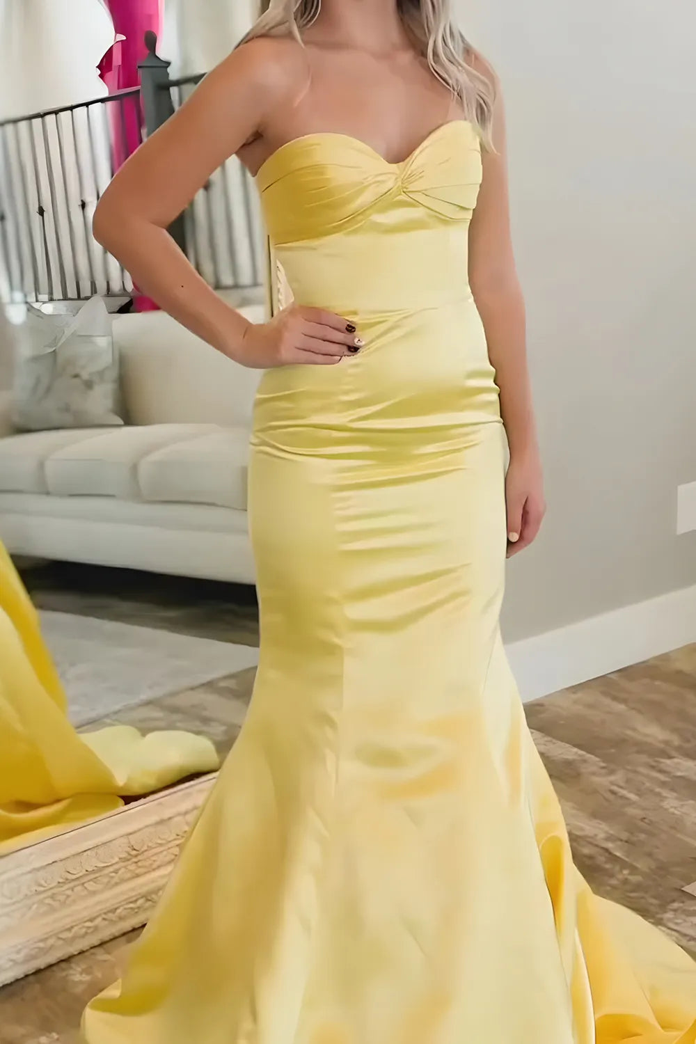 Yellow Sweetheart Satin Mermaid Long Prom Dress