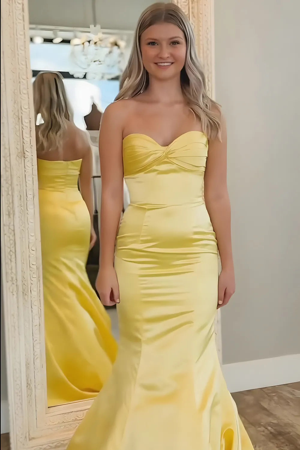 Yellow Sweetheart Satin Mermaid Long Prom Dress