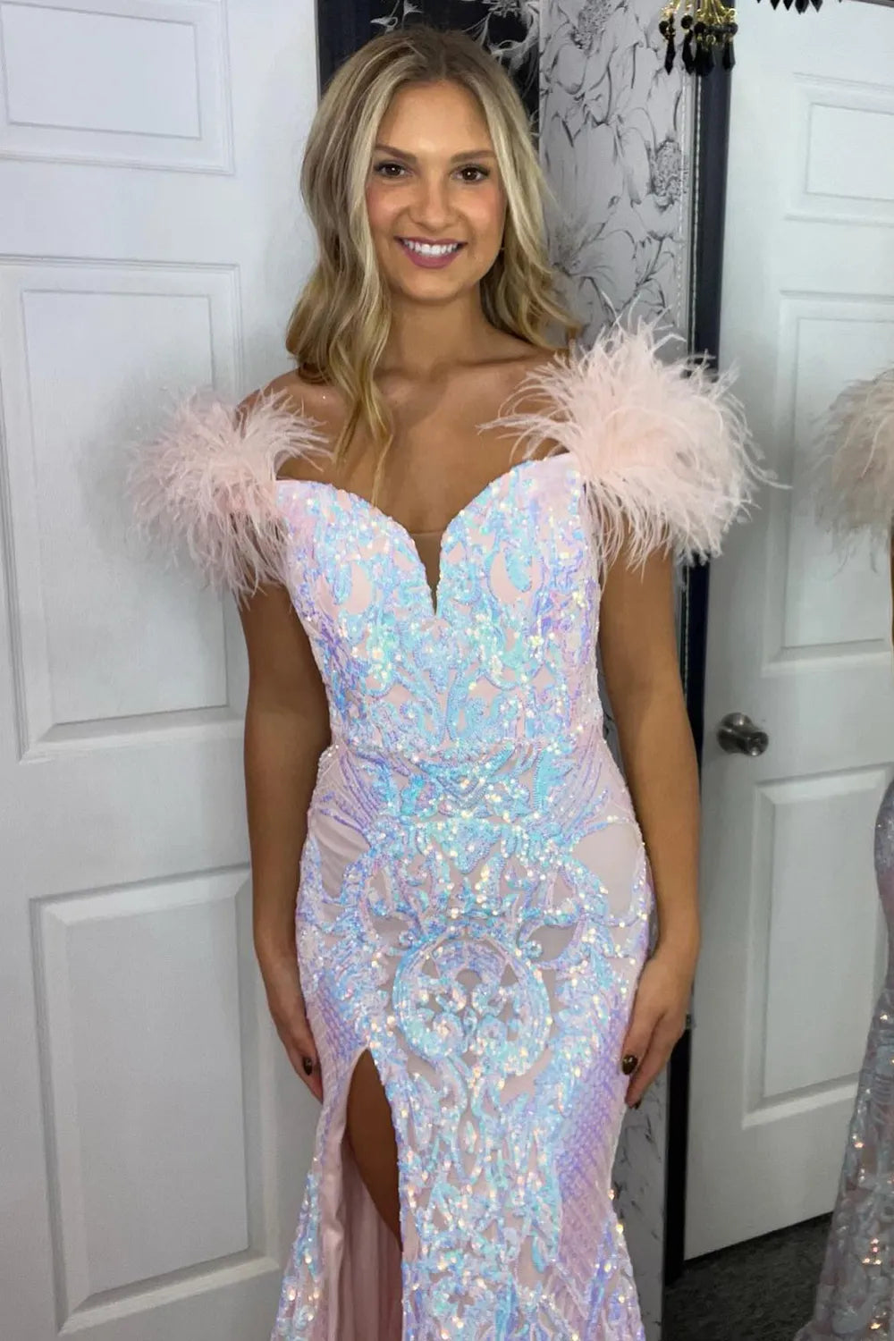 Glitter Blue Off-the-Shoulder Sequin Mermaid Long Prom Dress with Feather