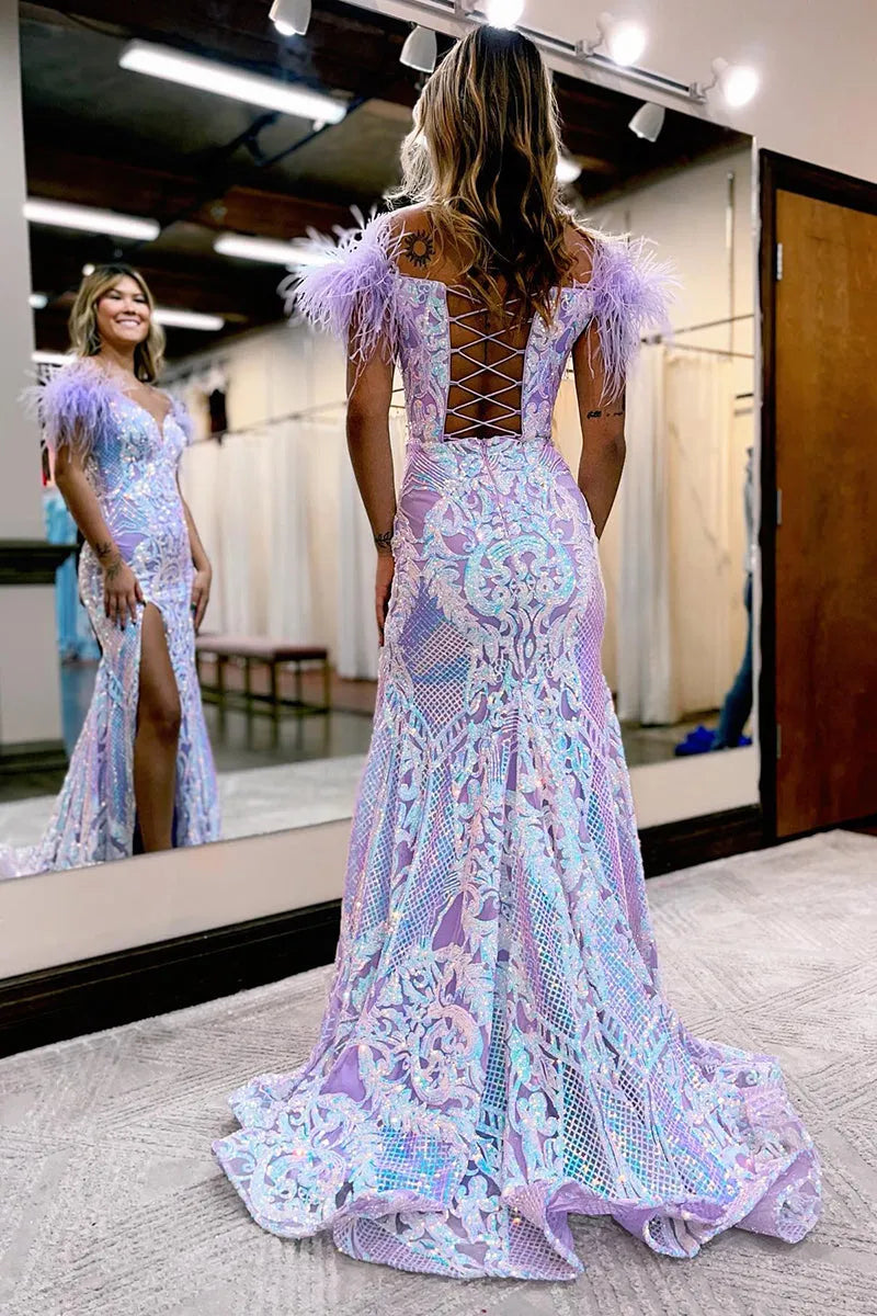 Glitter Blue Off-the-Shoulder Sequin Mermaid Long Prom Dress with Feather