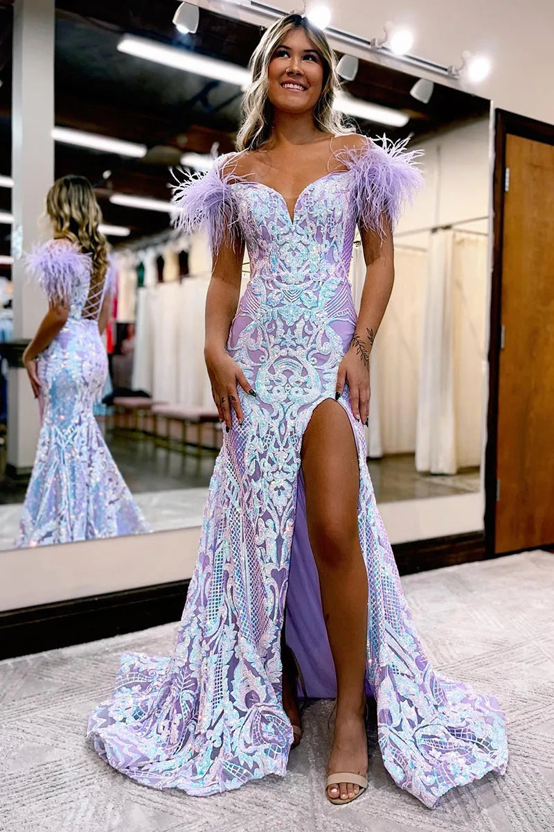 Glitter Blue Off-the-Shoulder Sequin Mermaid Long Prom Dress with Feather