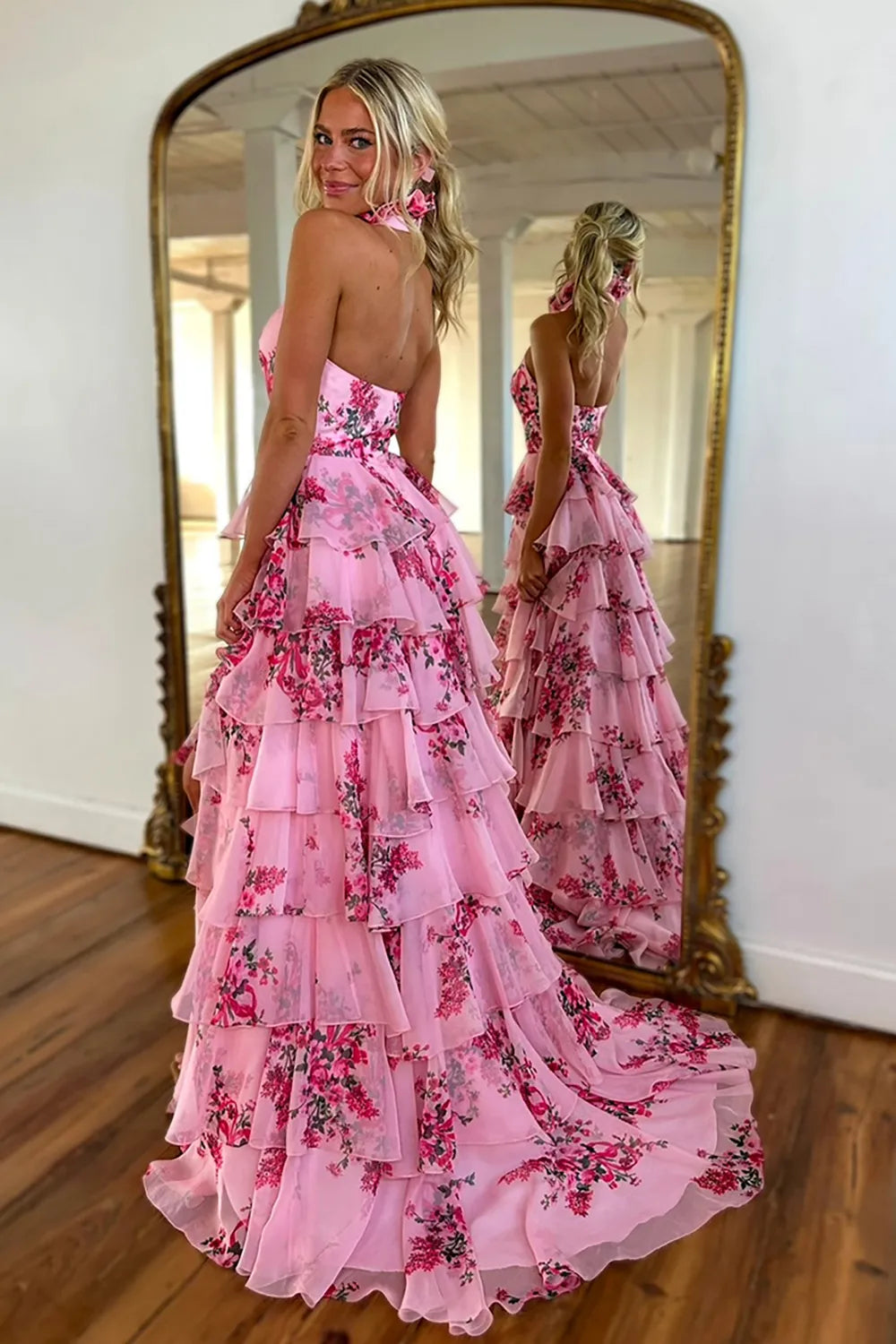 Pink Floral High Neck Chiffon Tiered Long Prom Dress with Slit