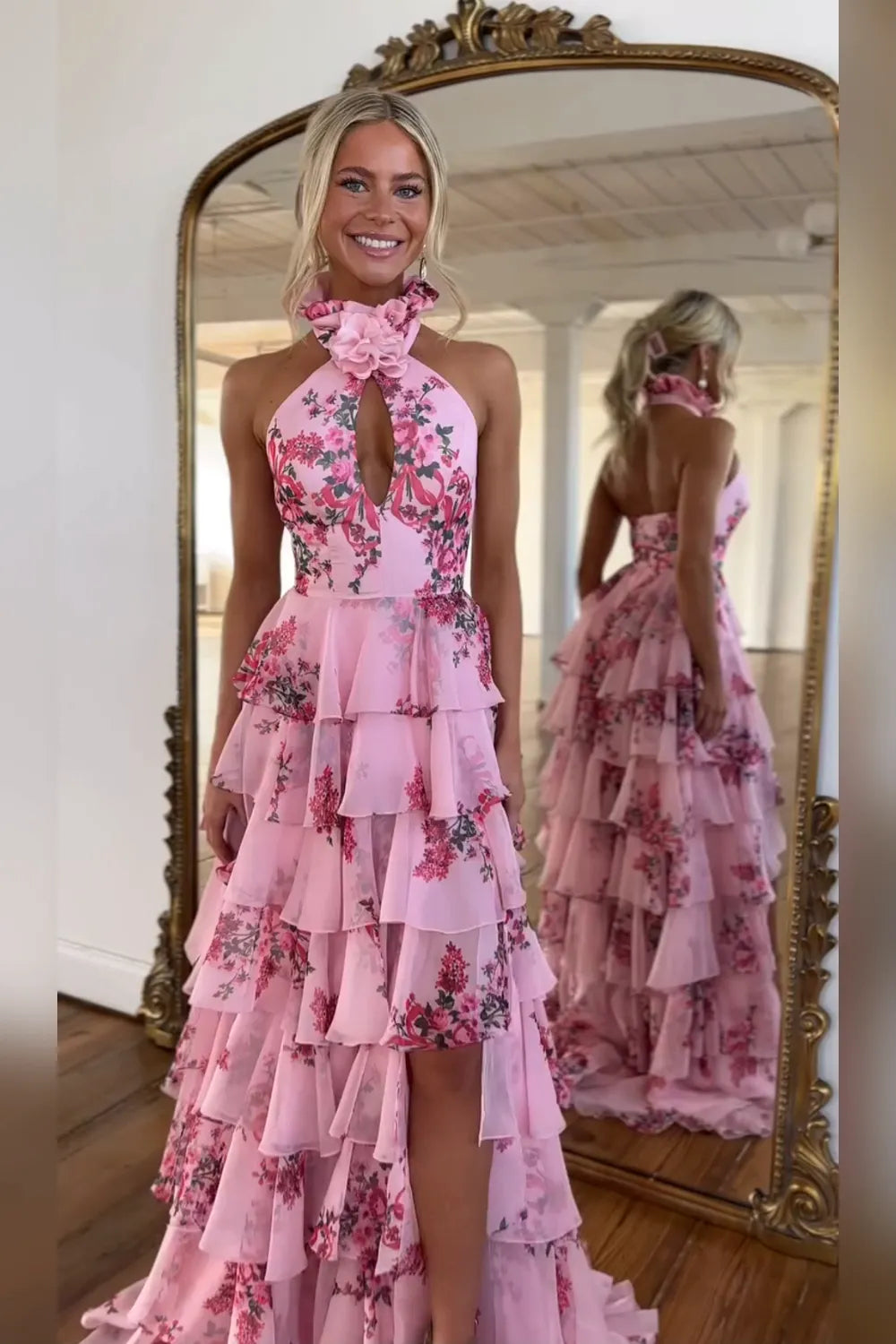Pink Floral High Neck Chiffon Tiered Long Prom Dress with Slit