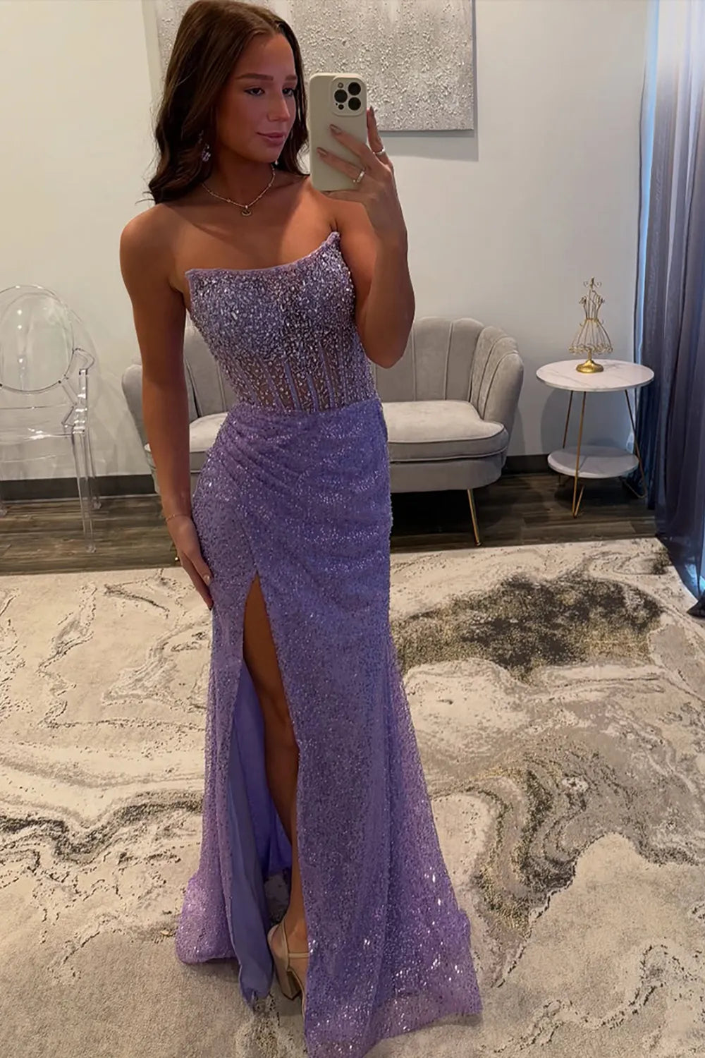 Sparkly Champagne Strapless Sequin Beaded Long Corset Prom Dress