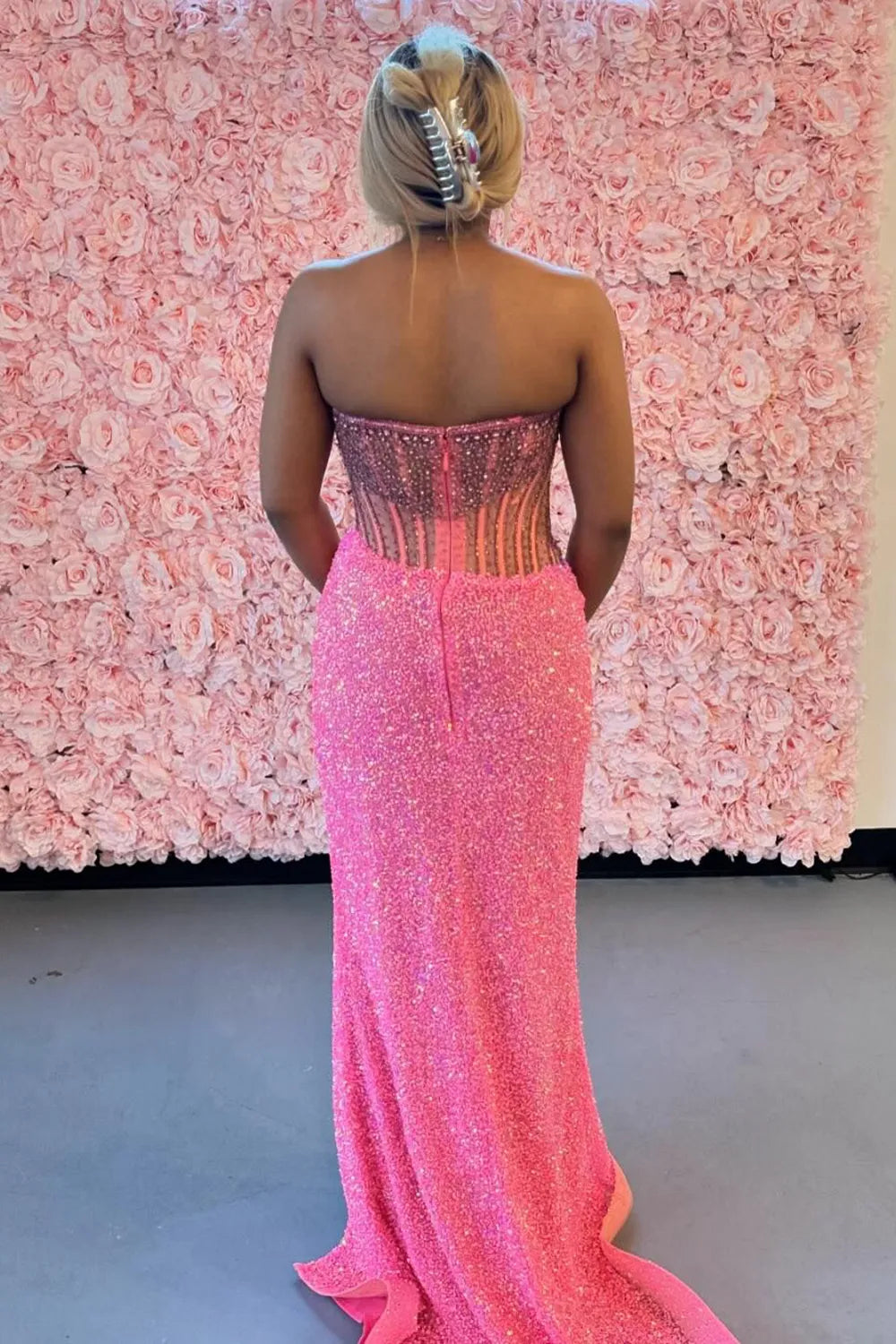 Sparkly Champagne Strapless Sequin Beaded Long Corset Prom Dress