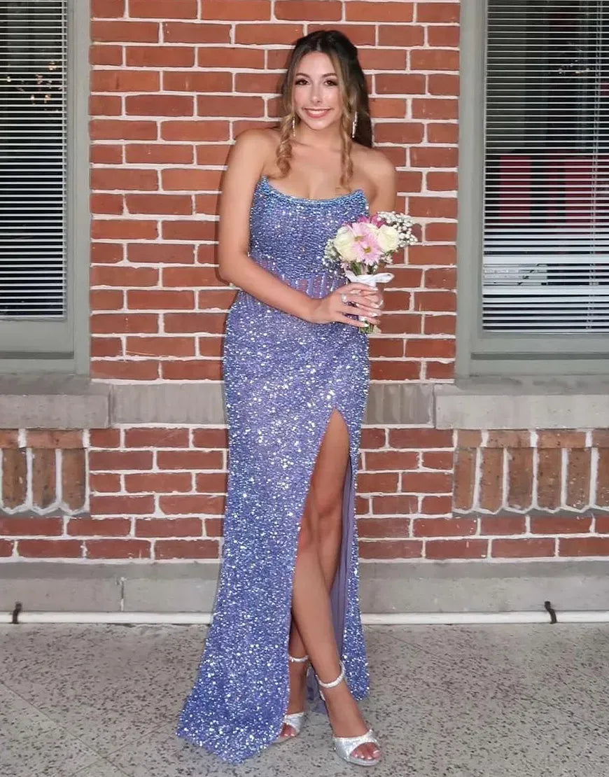Sparkly Champagne Strapless Sequin Beaded Long Corset Prom Dress