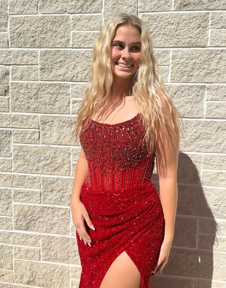 Sparkly Champagne Strapless Sequin Beaded Long Corset Prom Dress