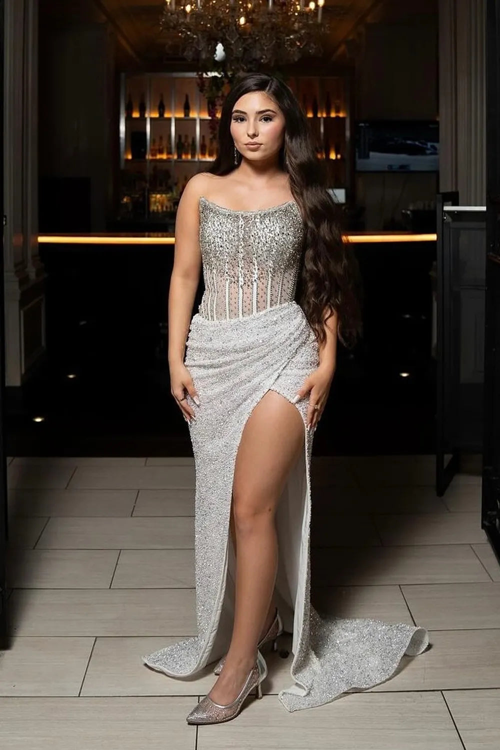Sparkly Champagne Strapless Sequin Beaded Long Corset Prom Dress