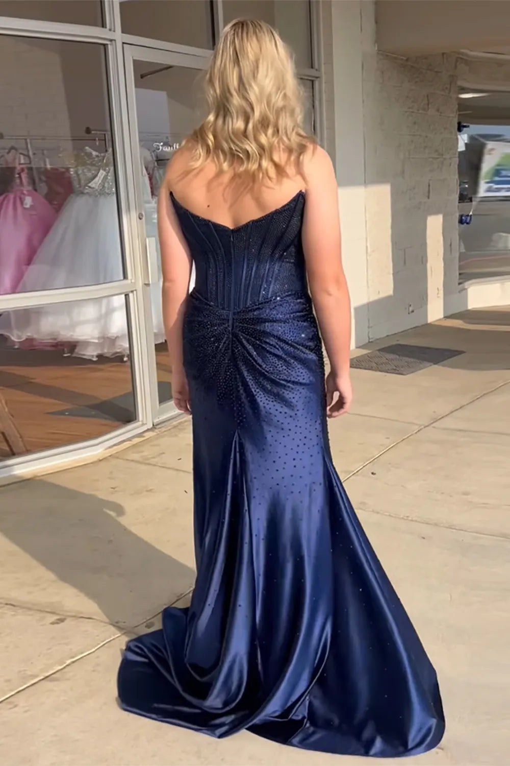 Glitter Light Blue Beaded Mermaid Long Corset Prom Dress with Slit