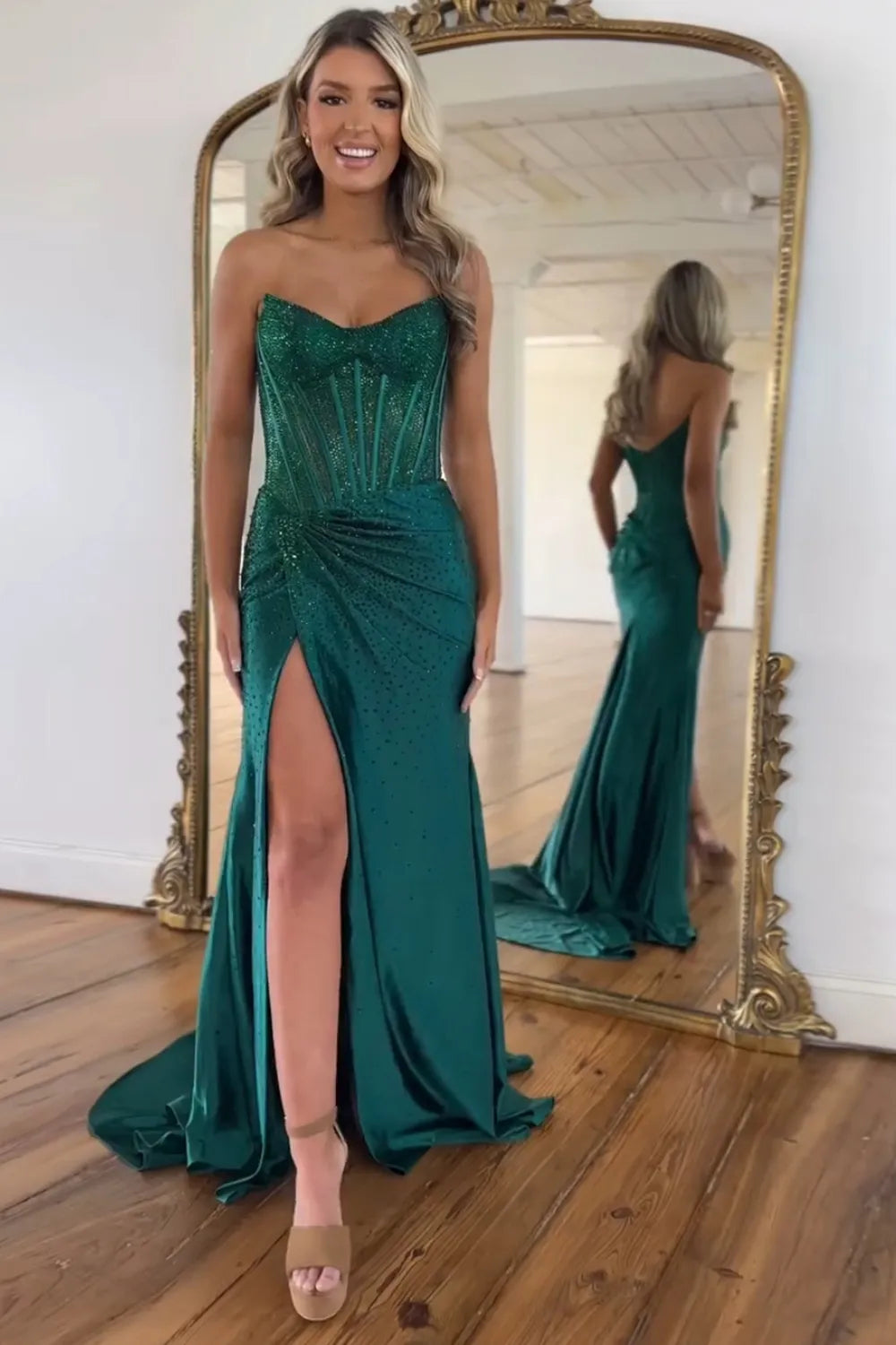 Glitter Light Blue Beaded Mermaid Long Corset Prom Dress with Slit