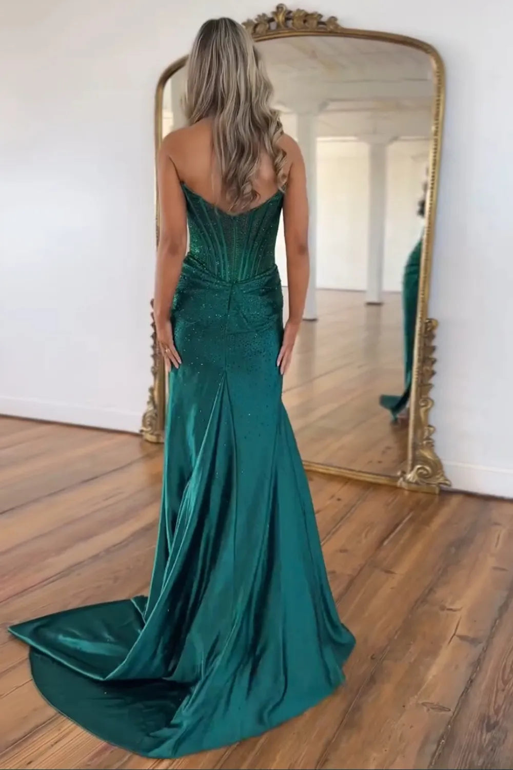 Glitter Light Blue Beaded Mermaid Long Corset Prom Dress with Slit