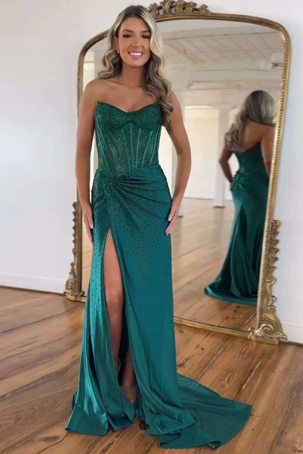 Glitter Light Blue Beaded Mermaid Long Corset Prom Dress with Slit