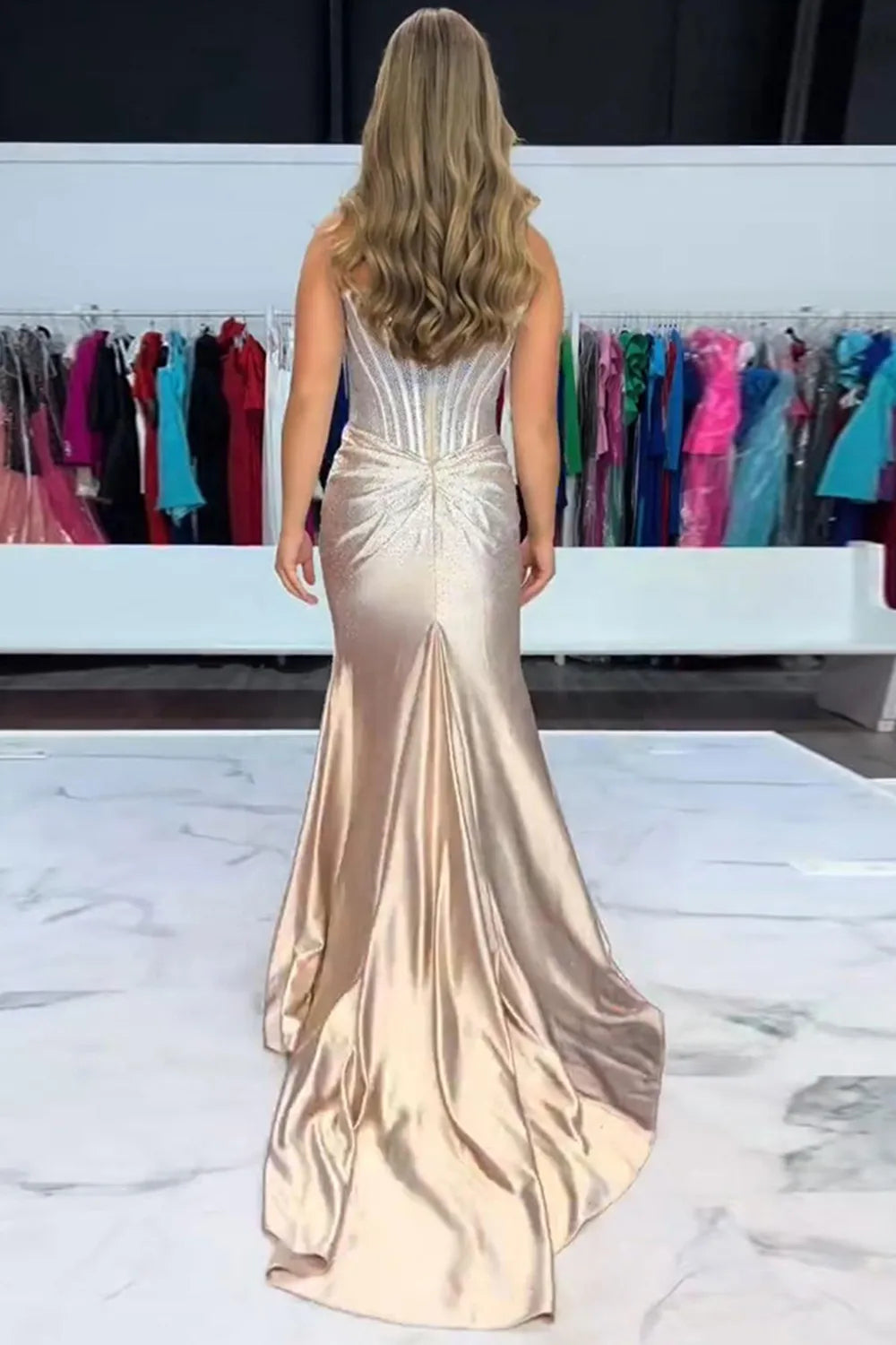 Glitter Light Blue Beaded Mermaid Long Corset Prom Dress with Slit