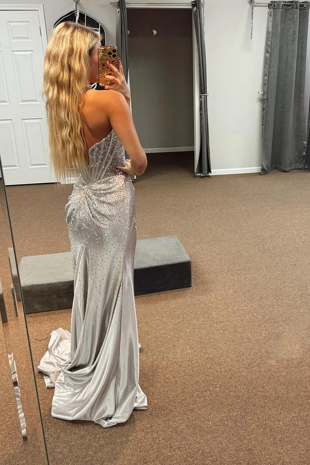Glitter Light Blue Beaded Mermaid Long Corset Prom Dress with Slit