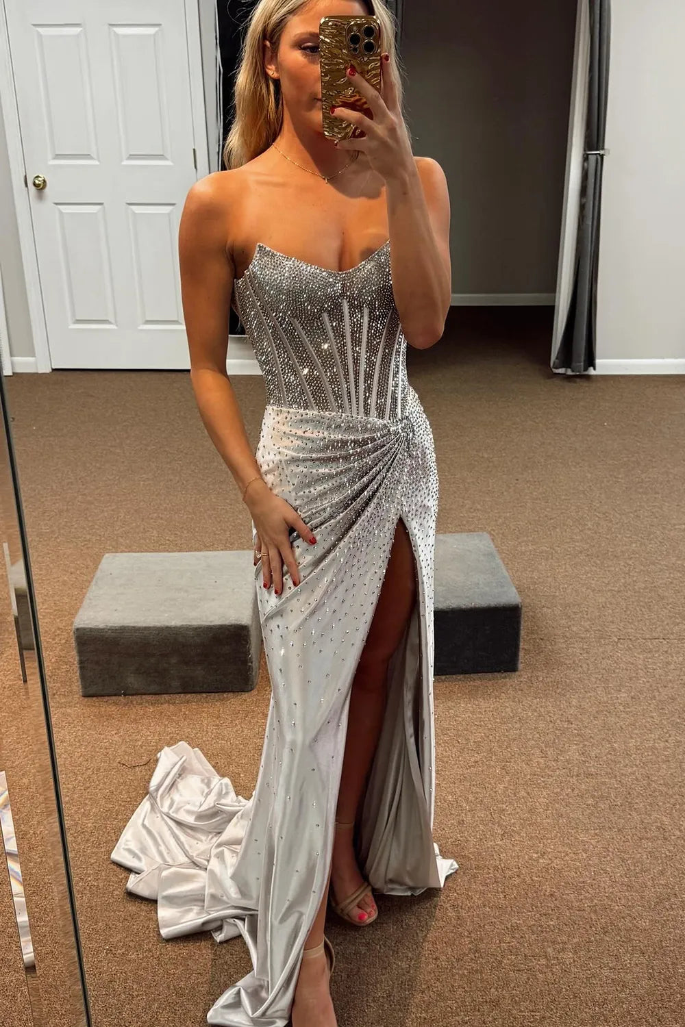 Glitter Light Blue Beaded Mermaid Long Corset Prom Dress with Slit