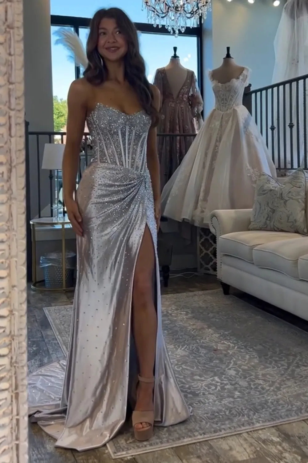 Glitter Light Blue Beaded Mermaid Long Corset Prom Dress with Slit