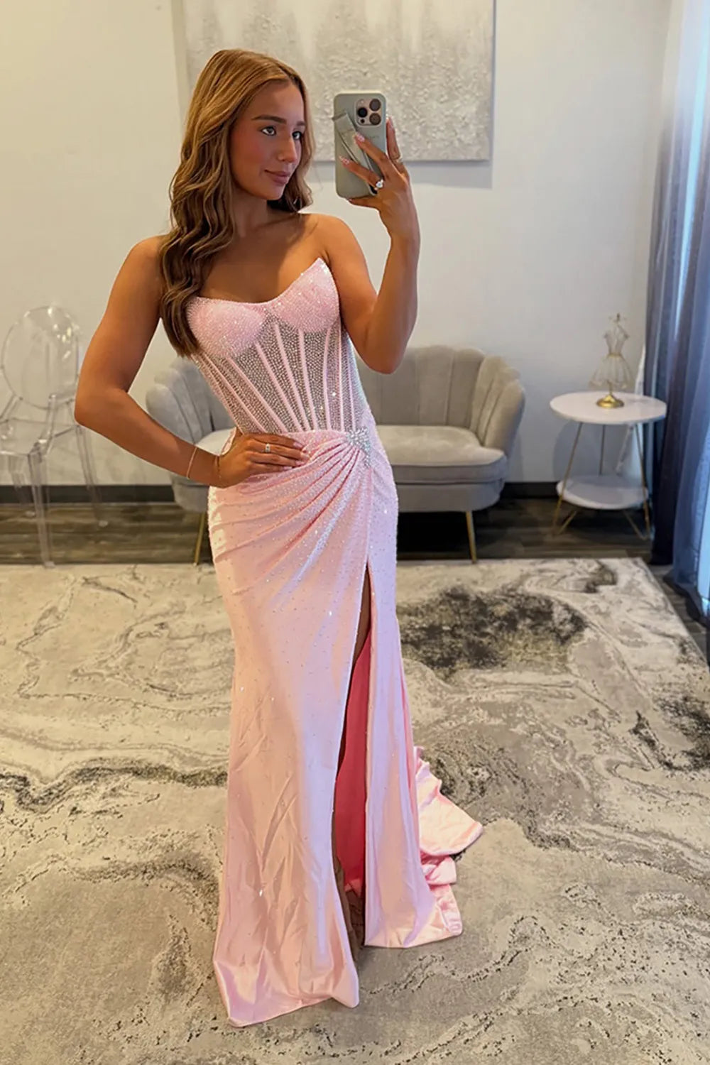 Glitter Light Blue Beaded Mermaid Long Corset Prom Dress with Slit