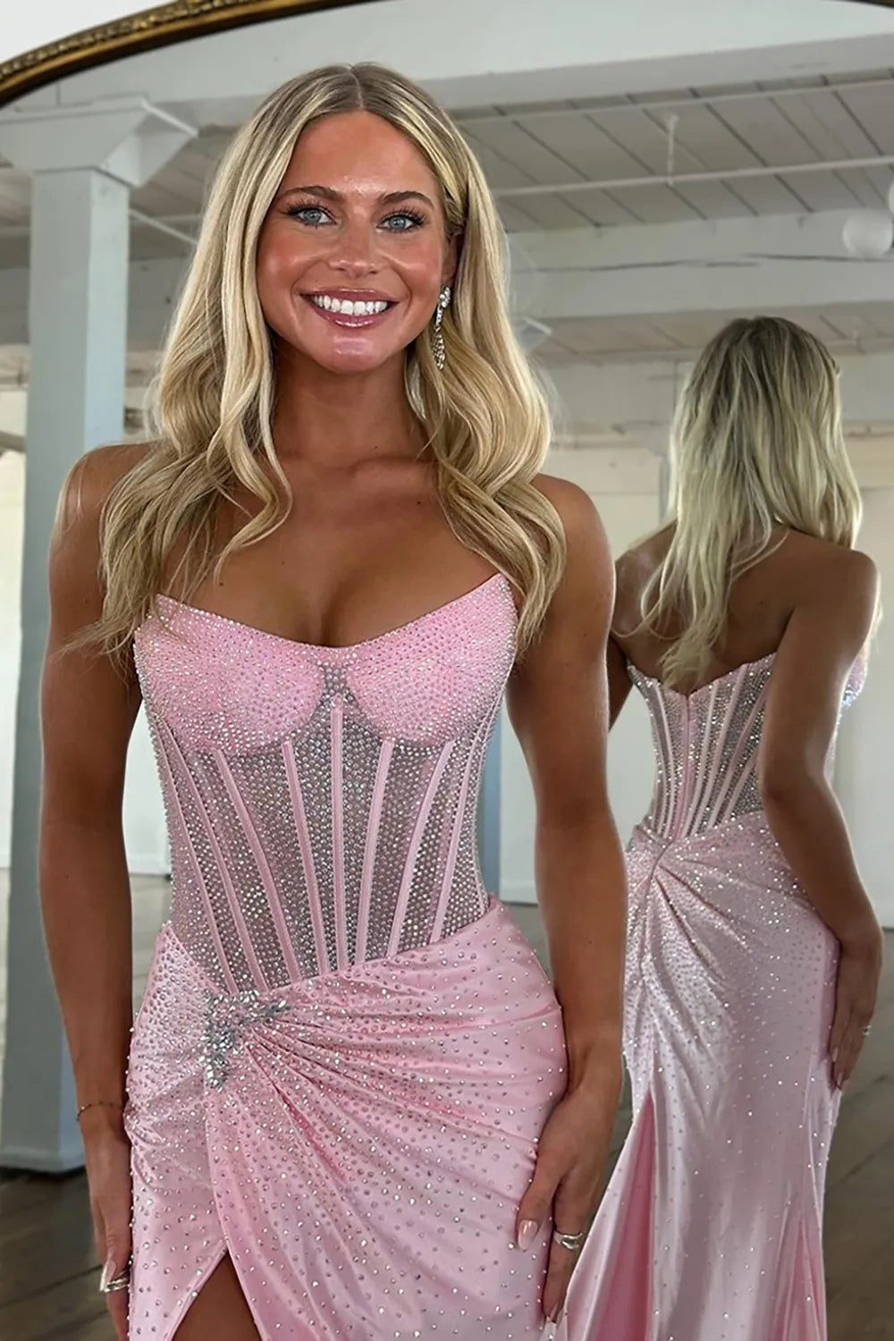Glitter Light Blue Beaded Mermaid Long Corset Prom Dress with Slit