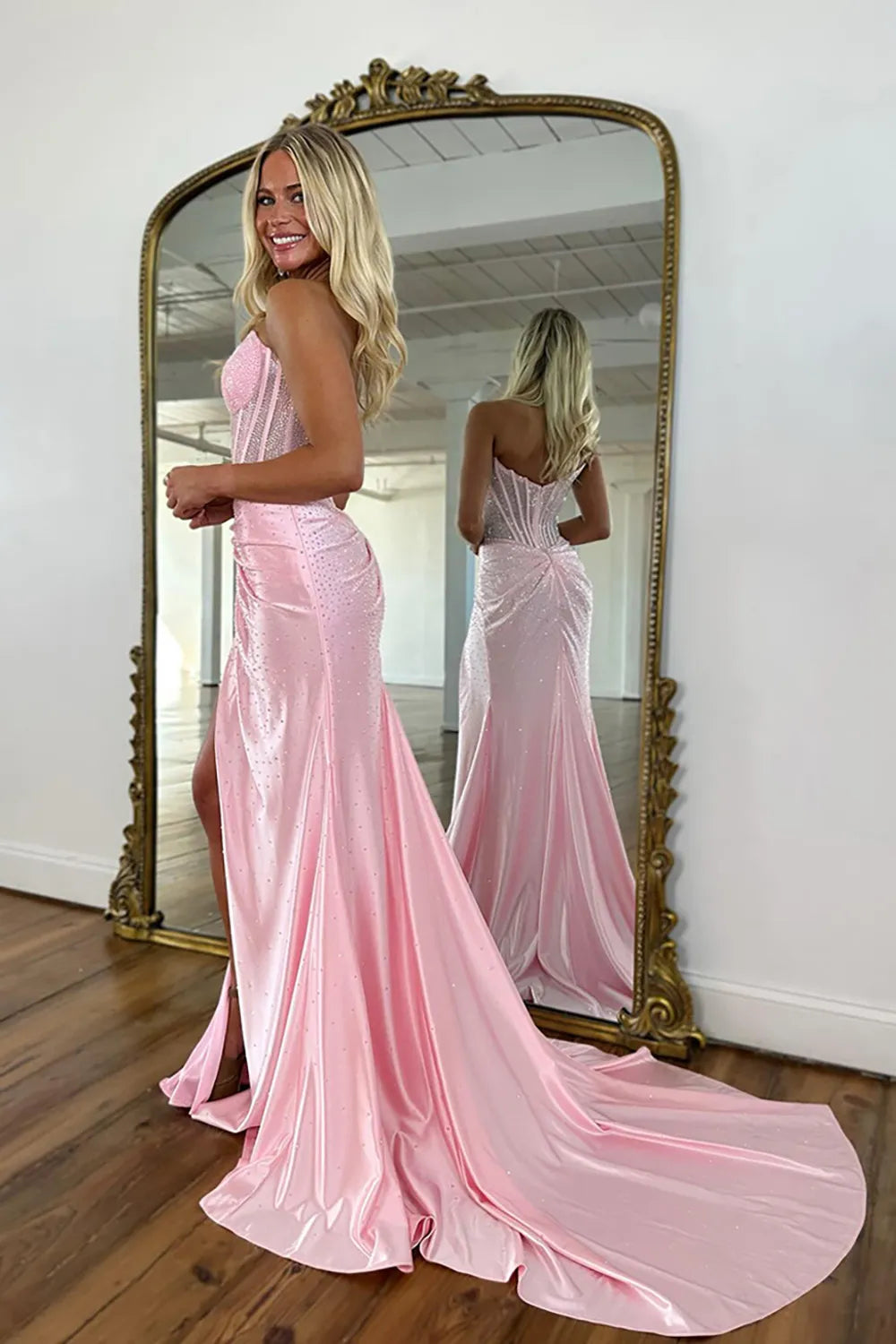 Glitter Light Blue Beaded Mermaid Long Corset Prom Dress with Slit