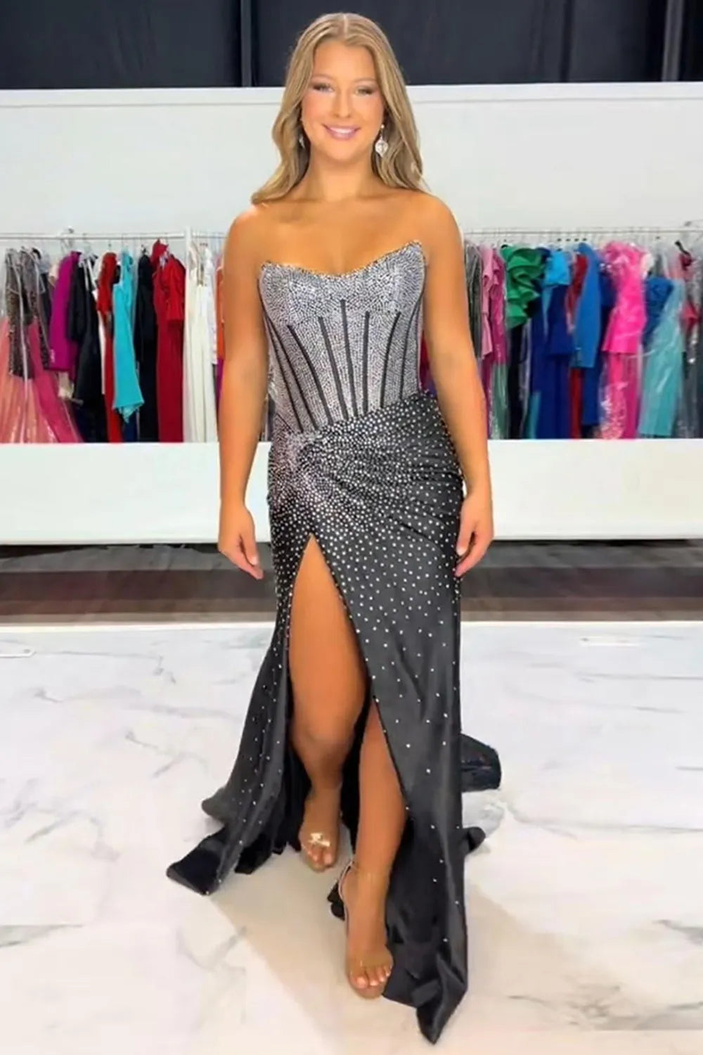 Glitter Light Blue Beaded Mermaid Long Corset Prom Dress with Slit
