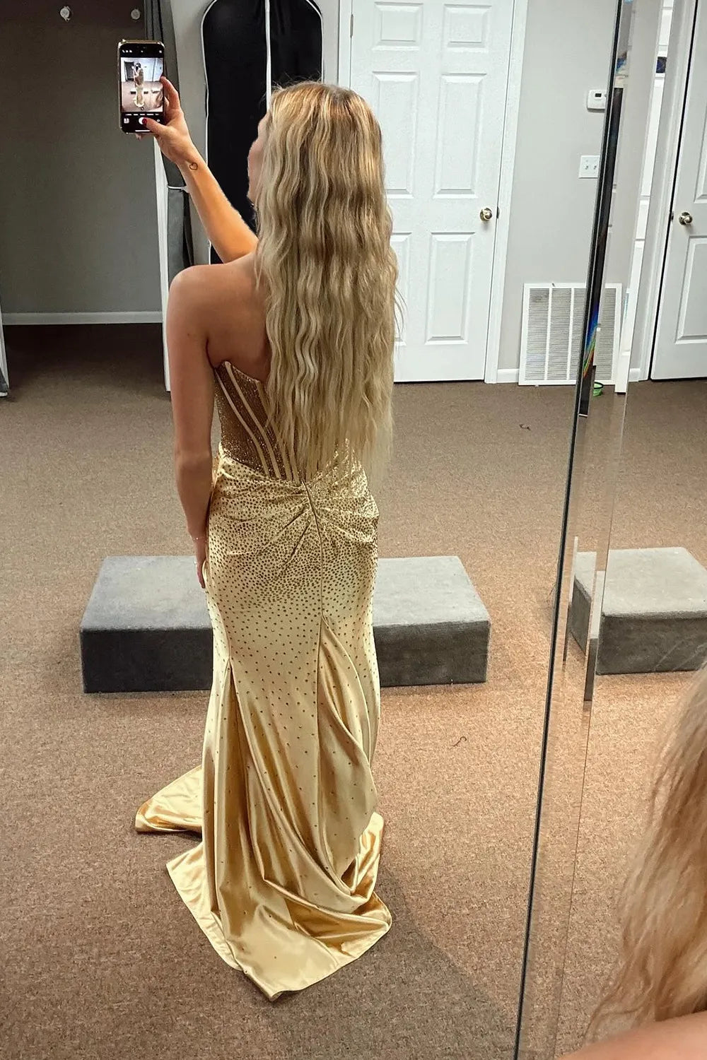 Glitter Light Blue Beaded Mermaid Long Corset Prom Dress with Slit