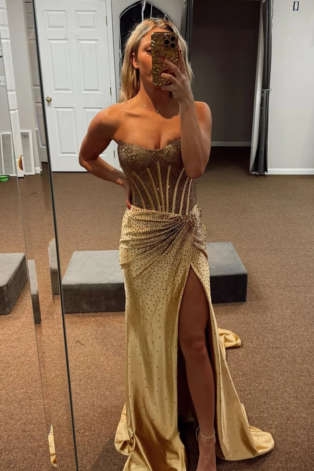 Glitter Light Blue Beaded Mermaid Long Corset Prom Dress with Slit