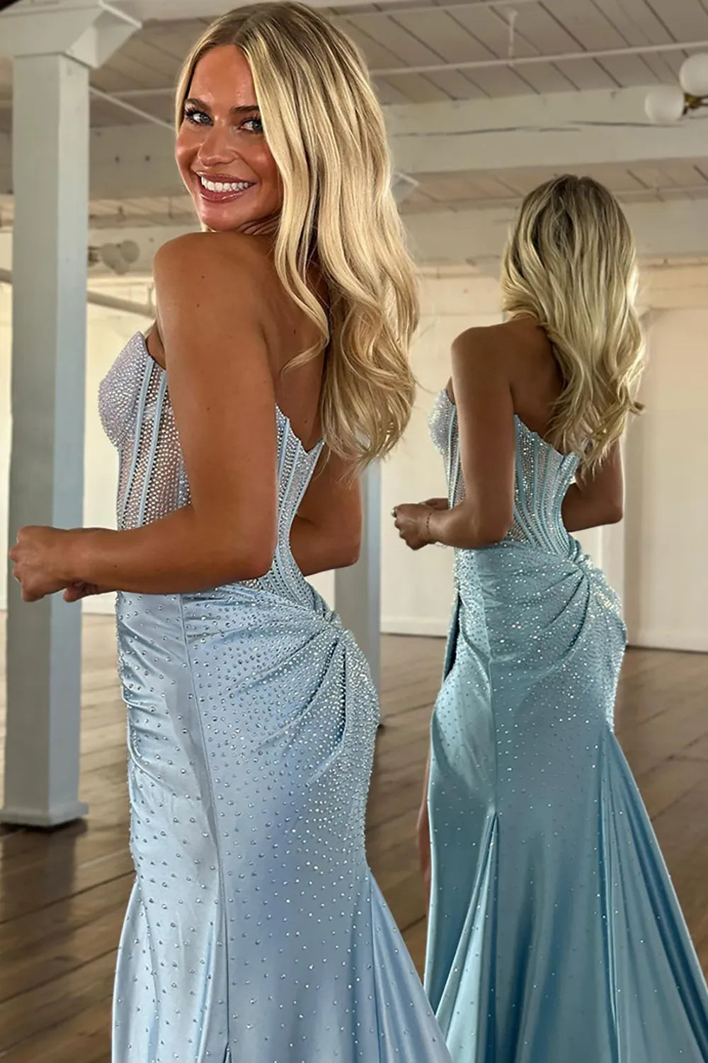 Glitter Light Blue Beaded Mermaid Long Corset Prom Dress with Slit