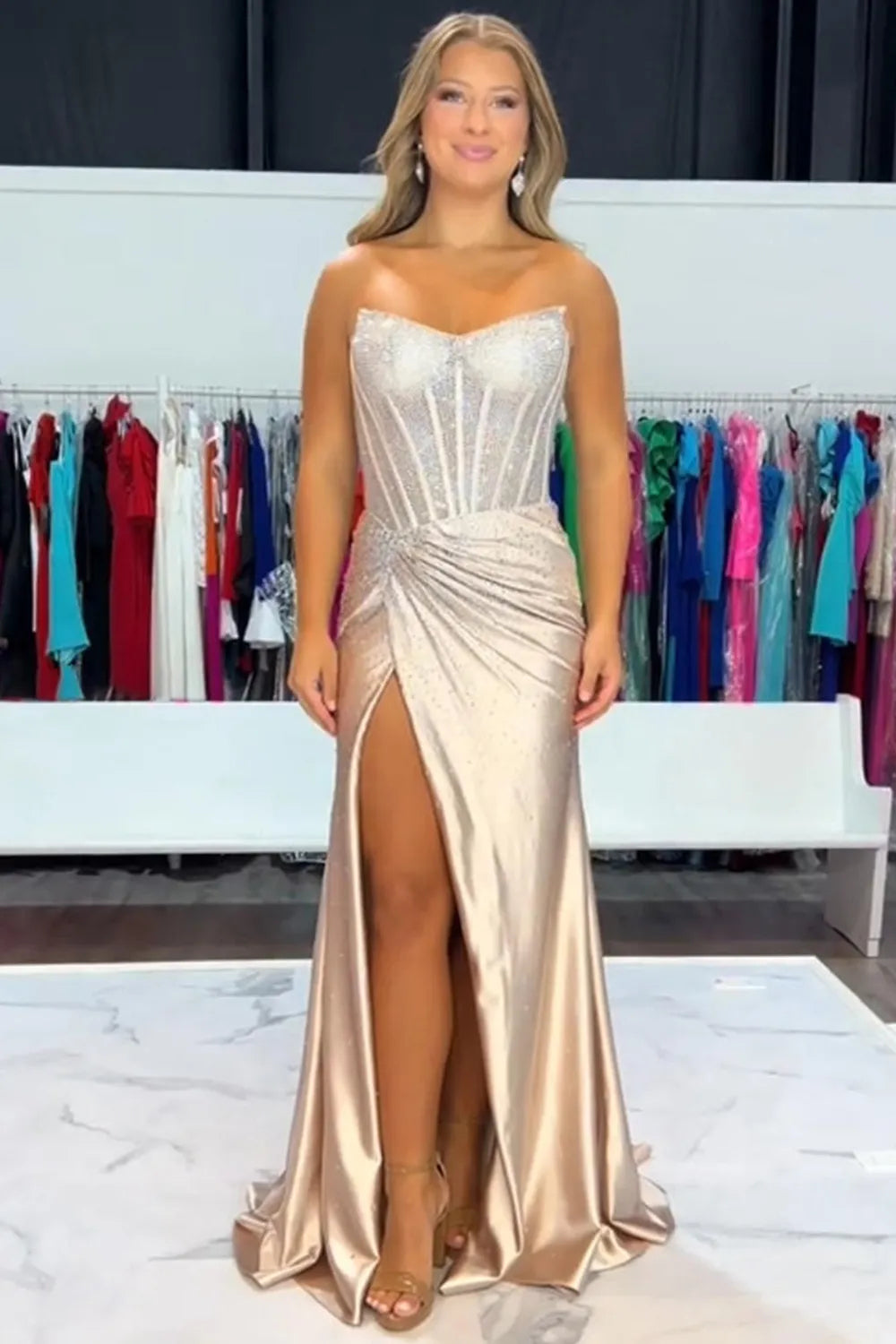 Glitter Light Blue Beaded Mermaid Long Corset Prom Dress with Slit