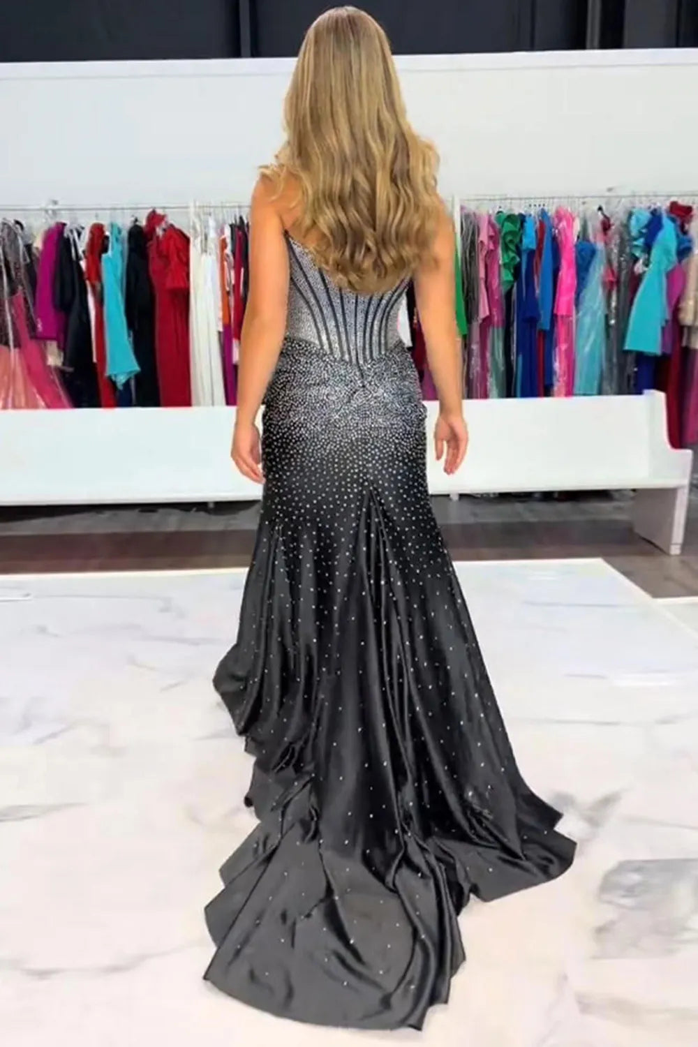 Glitter Light Blue Beaded Mermaid Long Corset Prom Dress with Slit