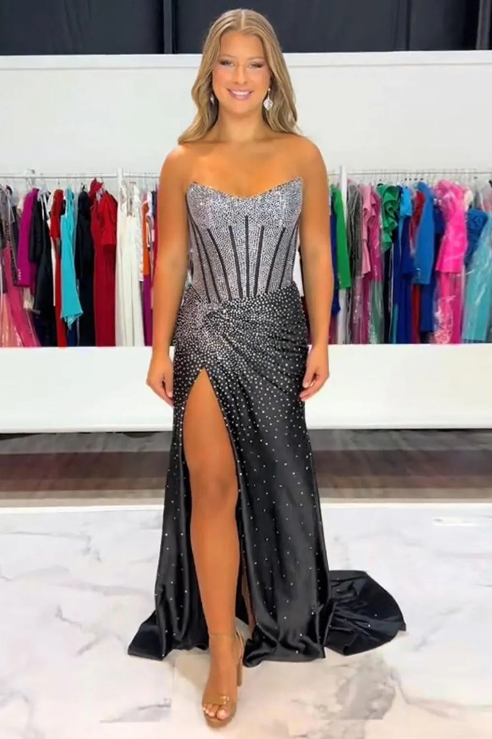 Glitter Light Blue Beaded Mermaid Long Corset Prom Dress with Slit