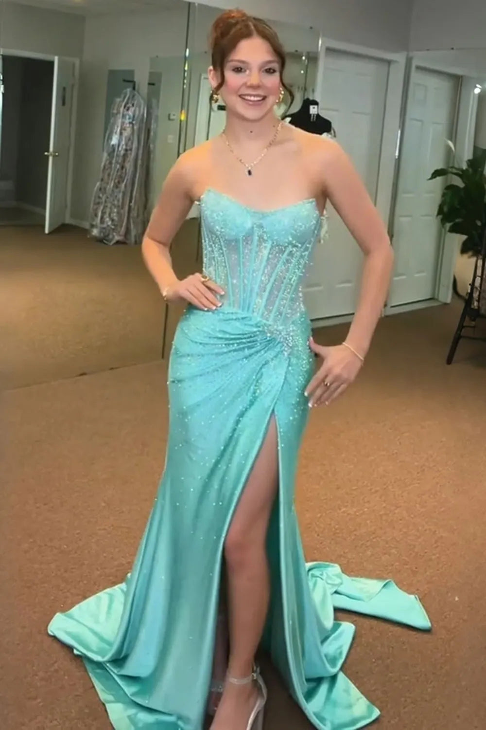 Glitter Light Blue Beaded Mermaid Long Corset Prom Dress with Slit
