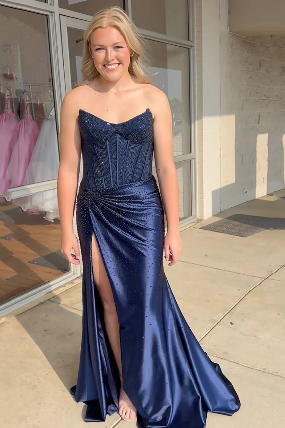 Glitter Light Blue Beaded Mermaid Long Corset Prom Dress with Slit