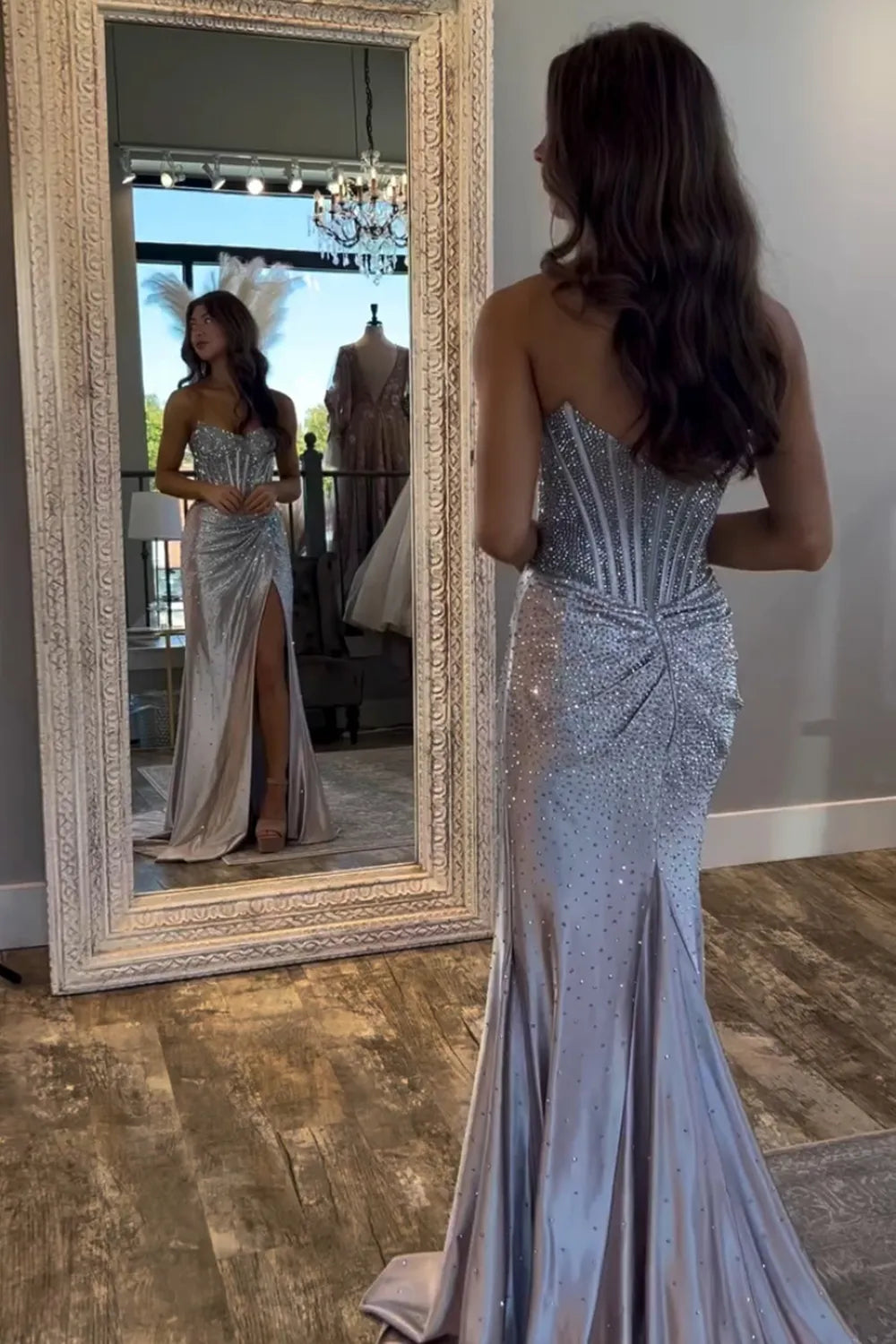 Glitter Light Blue Beaded Mermaid Long Corset Prom Dress with Slit