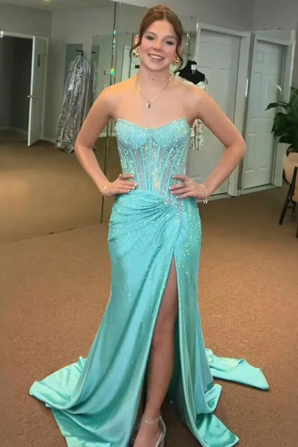Glitter Light Blue Beaded Mermaid Long Corset Prom Dress with Slit