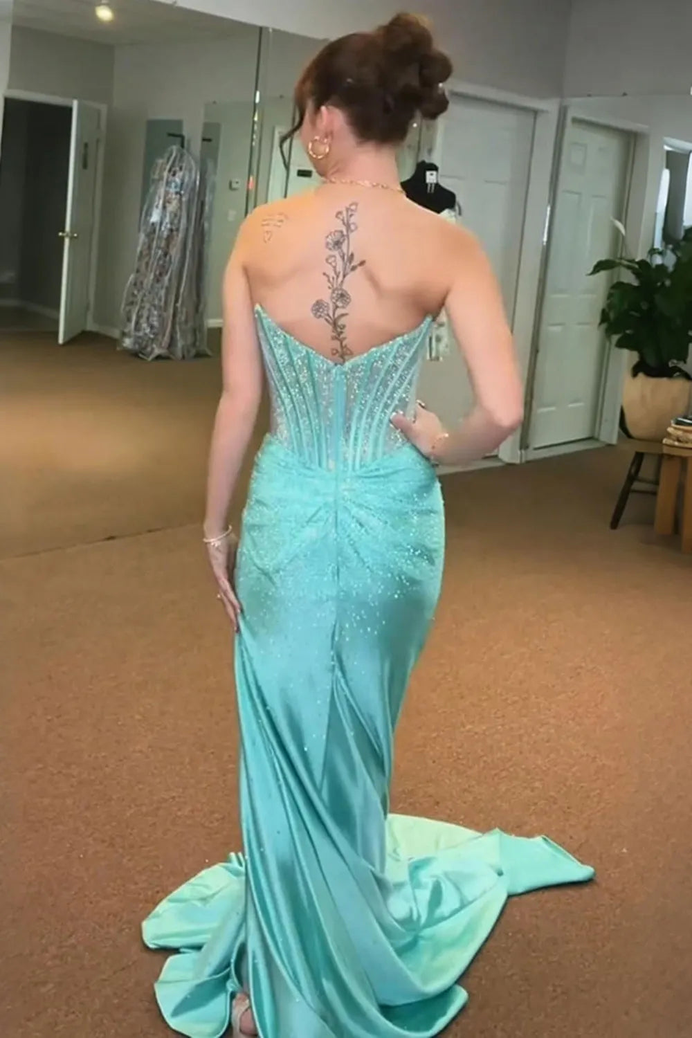 Glitter Light Blue Beaded Mermaid Long Corset Prom Dress with Slit