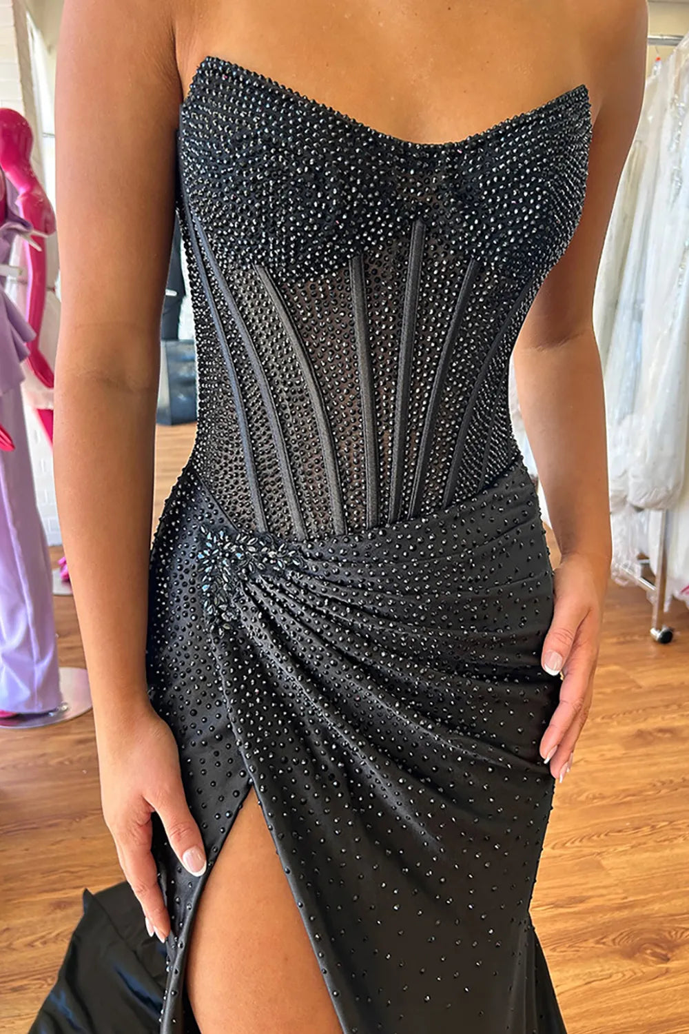 Glitter Light Blue Beaded Mermaid Long Corset Prom Dress with Slit