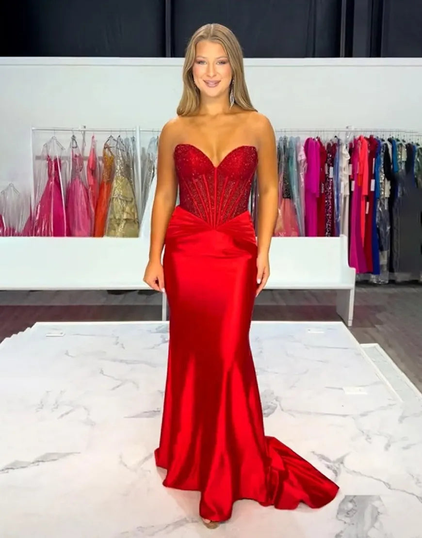 Glitter Dark Green Sweetheart Beaded Mermaid Long Corset Prom Dress